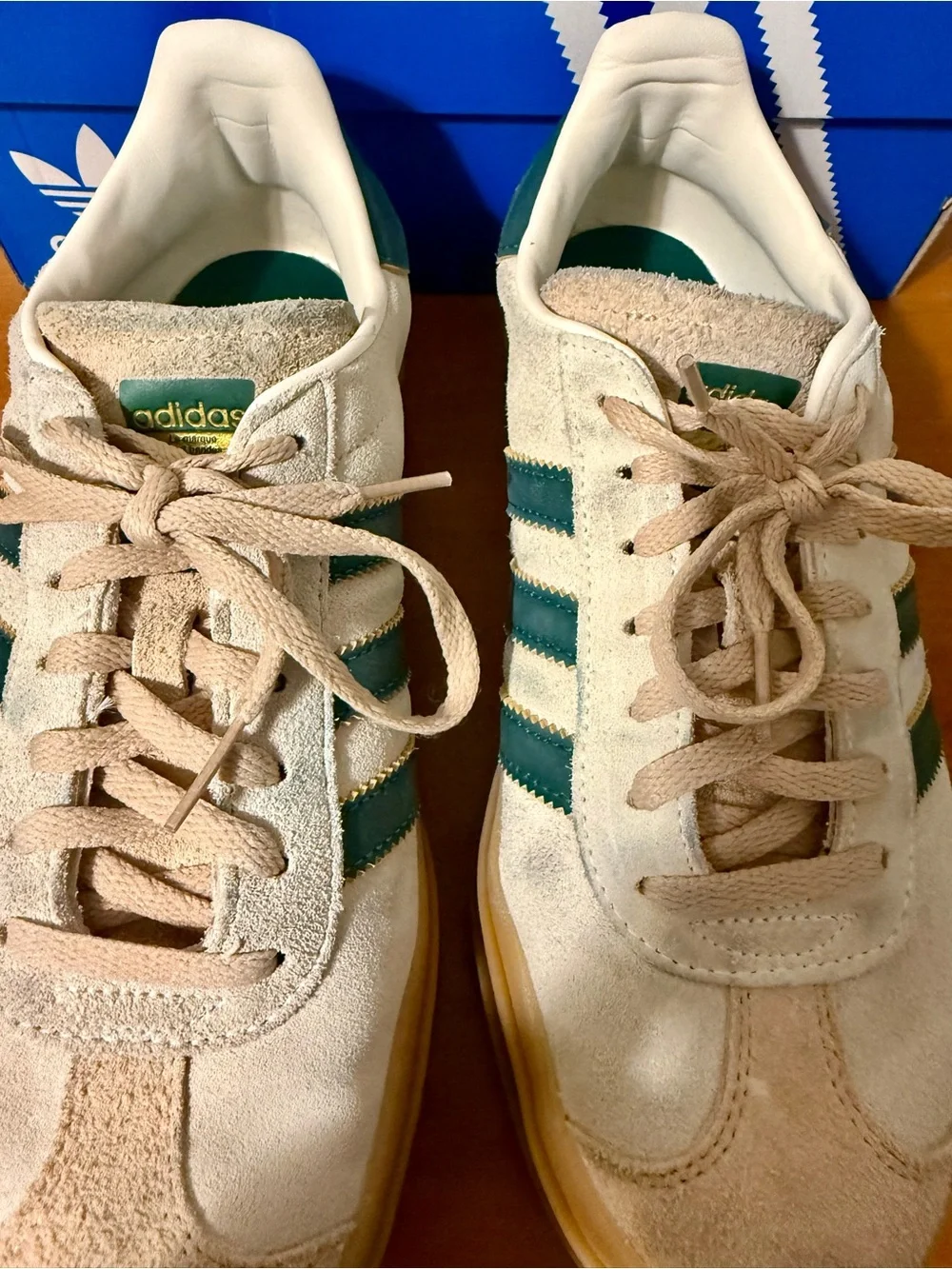 Adidas Women’s Gazelle Bold Beige Suede Samba-Style Sneakers with Green Stripes - Picture 7 of 7
